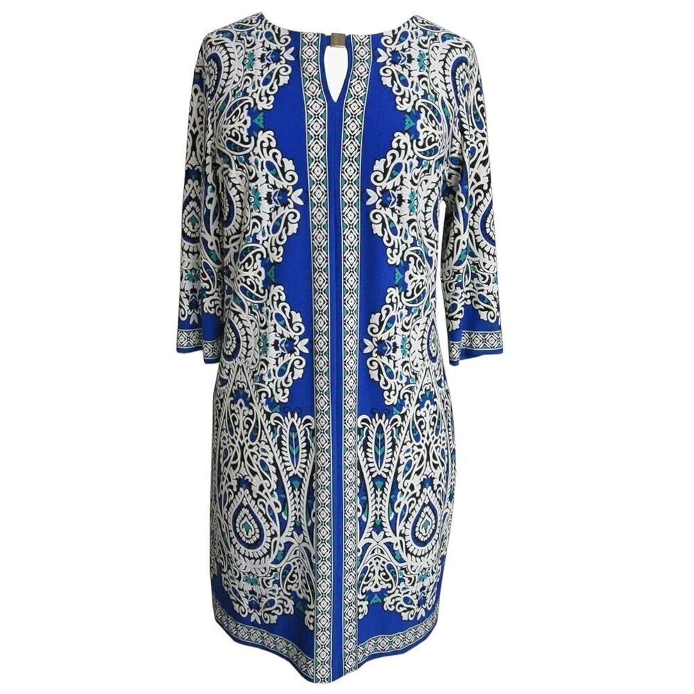 Studio One Shift Paisley Floral Stretch Dress Women Size Large Color Blue White
